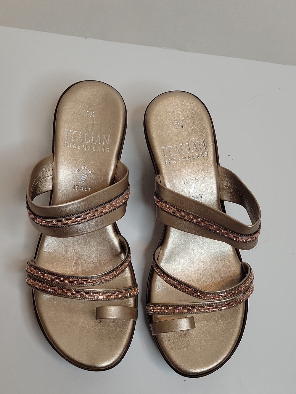 Italian Shoemakers Bronze Metallic Beaded Slide Sandals